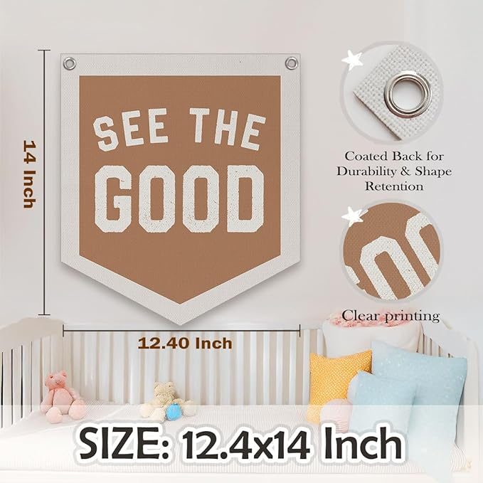 Inspirational See The Good Pennant Flags Playroom, Boy Girl Kids Nursery Decor, Vintage Inspirational Wall Hanging Decor, 12.4x14 in