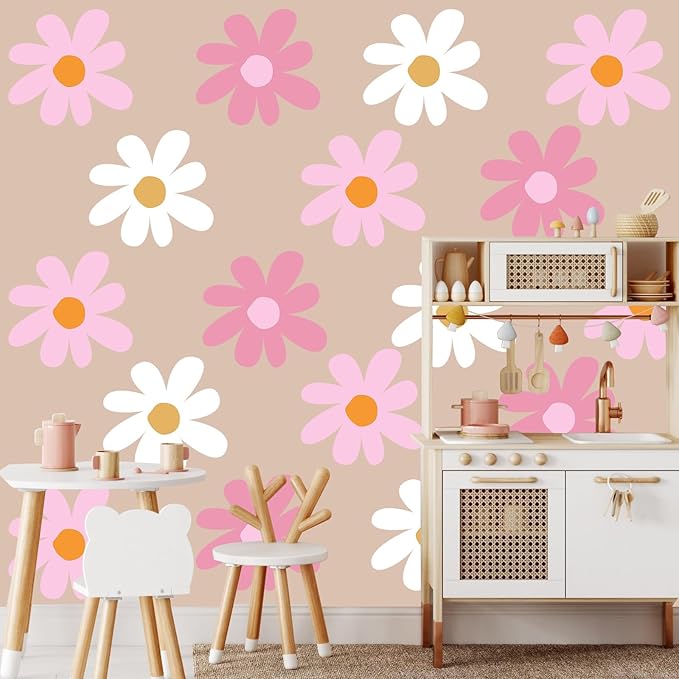 TaoBary 12 Sheet Daisy Wall Sticker Decal Removable Cute Daisy Bedroom Room Decor Flower Wall Sticker Pink White Flower Decal Wallpaper Peel and Stick for Nursery Home(Classic Color,Delicate Style)