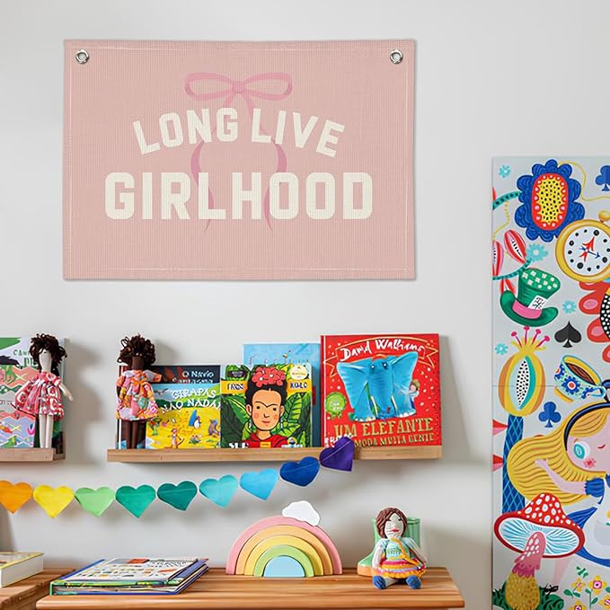 Long Live Girlhood Banner, Girl Nursery Decor, Toddler Girl Room Decor, Pink Bow Girls Room Wall Decor, 30x20 Inch Linen Wall Hanging Canvas Banner Flag