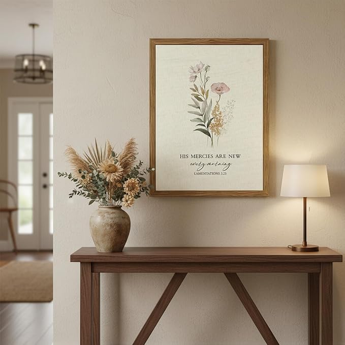 Christian Scripture Canvas Wall Art Bible Inspirational Poster Wall Decor His Mercies Are New Every Morning Pictures Print for Prayer Room Office Living Room Home Decoration 12x16 in Wood Framed