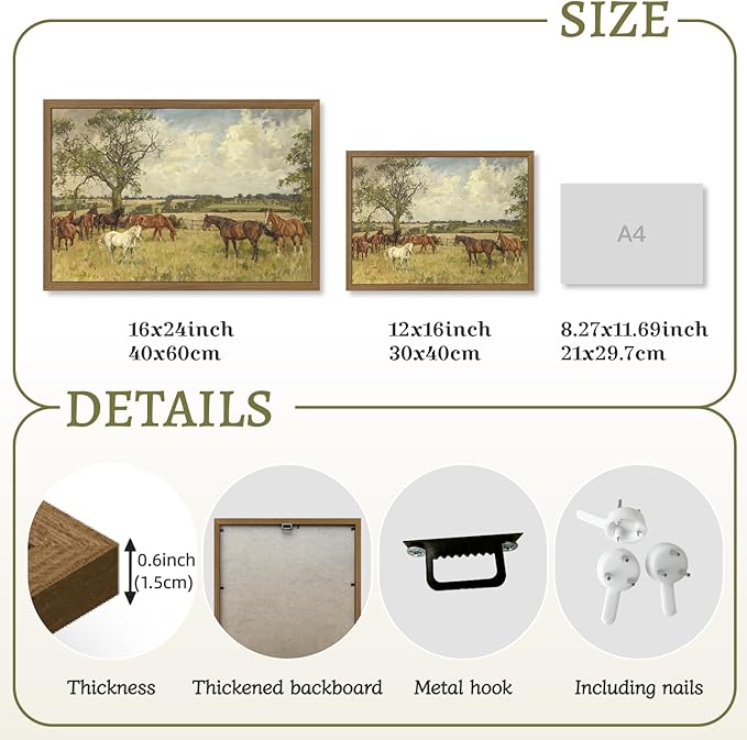 Clicyre Horse Pasture Wall Art, Vintage Country Canvas Print, Western Landscape Artwork, Peaceful Rustic Farmhouse Brown Horse Wall Decor for Living Room Bedroom Hallway Office Wood Framed 16x24 Inch