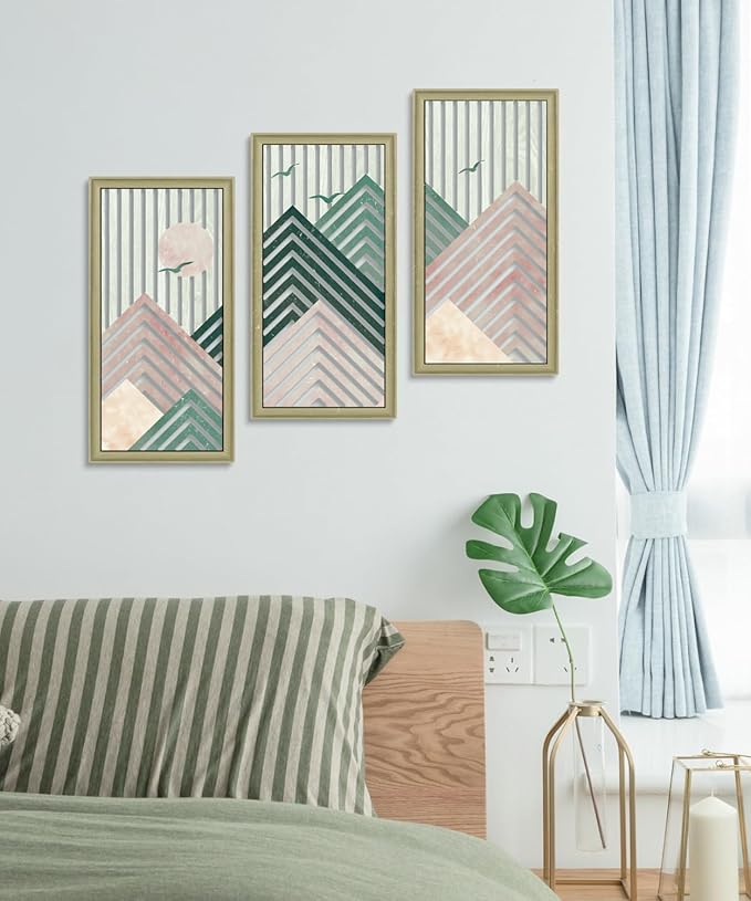 Putuo Decor Boho Mountain Wall Decor Set of 3, Rustic Farmhouse Wooden Wall Art, Nature-Inspired Geometric Artwork, Mid-Century Modern Aesthetic for Living Room Bedroom Entryway, Pink