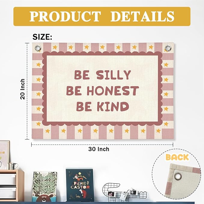 Pink Girls Room Decor, Girl Nursery Decor Boho Retro Classroom Wall Hanging Canvas Banner, Be Silly Honest Kind Classroom Wall Art Decor for Kids Nursery Toddler Room Bedroom Playroom, 30x20