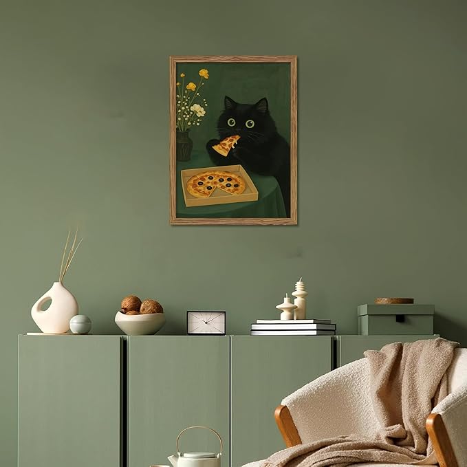 Framed Black Cat Wall Art, Cute The Cat Eating Pizza Canvas, Funny Kitchen Pictures Decor, Playful Food Lover Prints Artwork, Whimsical Animal Wall Decor for Kitchen Dining Room – 16x24 inch