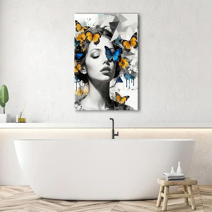 Women Butterfly Wall Art Abstract Feminine Canvas Artwork for Bedroom Black and White Woman Portrait Prints Paintings Yellow Blue Butterfly Posters for Living Room Bathroom Home Decorations 24x36"
