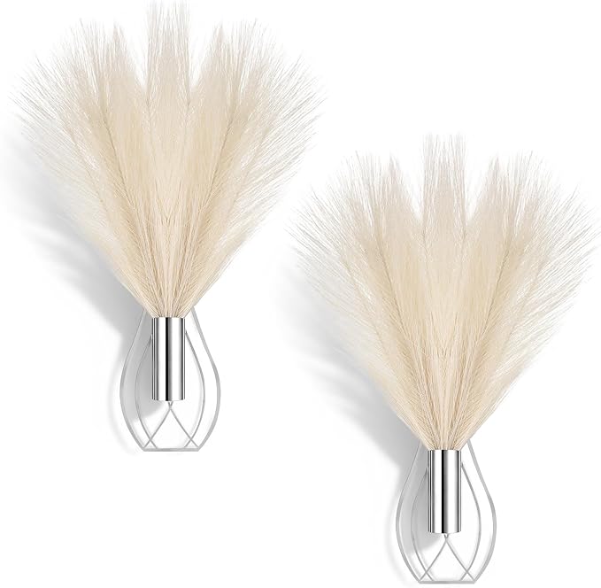 Otoolling 2 Pieces Hanging Plant Wall Decor with Artificial Pampas Grass Metal Hanging Vase Modern Geometric Farmhouse Bohemian Wall Art for Living Room Bedroom Kitchen Office (Silver, Beige)