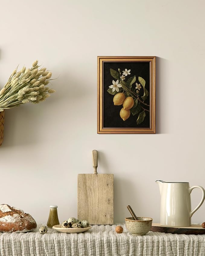 ARPEOTCY Gold Framed Canvas Art Prints,12x16inch, Lemon Botanical Art Painting, Vintage Still Life Decor for Kitchen Dining Room Bedroom Bathroom Shelf, Rustic Country Cottagecore Pictures