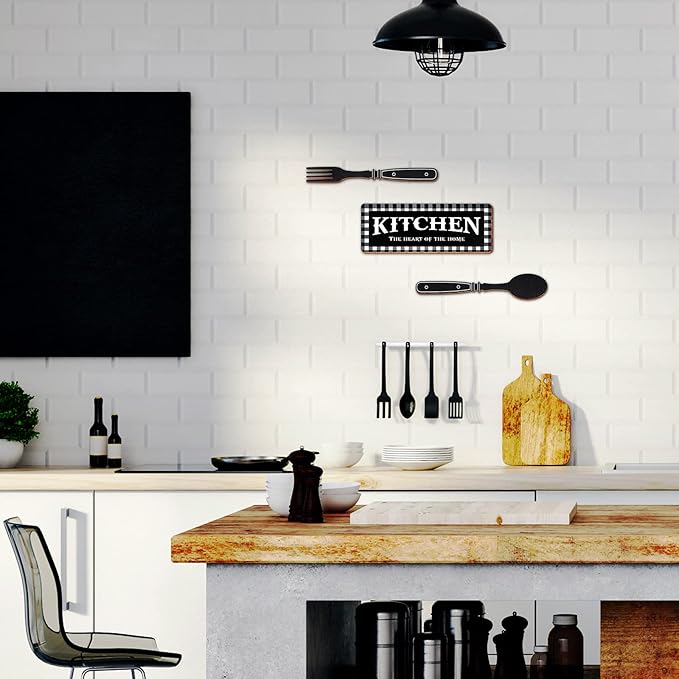 Jetec Kitchen Sign Buffalo Plaid Kitchen Decor Black and White Wall Decor Wooden the Heart of the Home Sign Black and White Checkered Fork and Spoon Vintage Wall Decoration for Farmhouse Restaurant