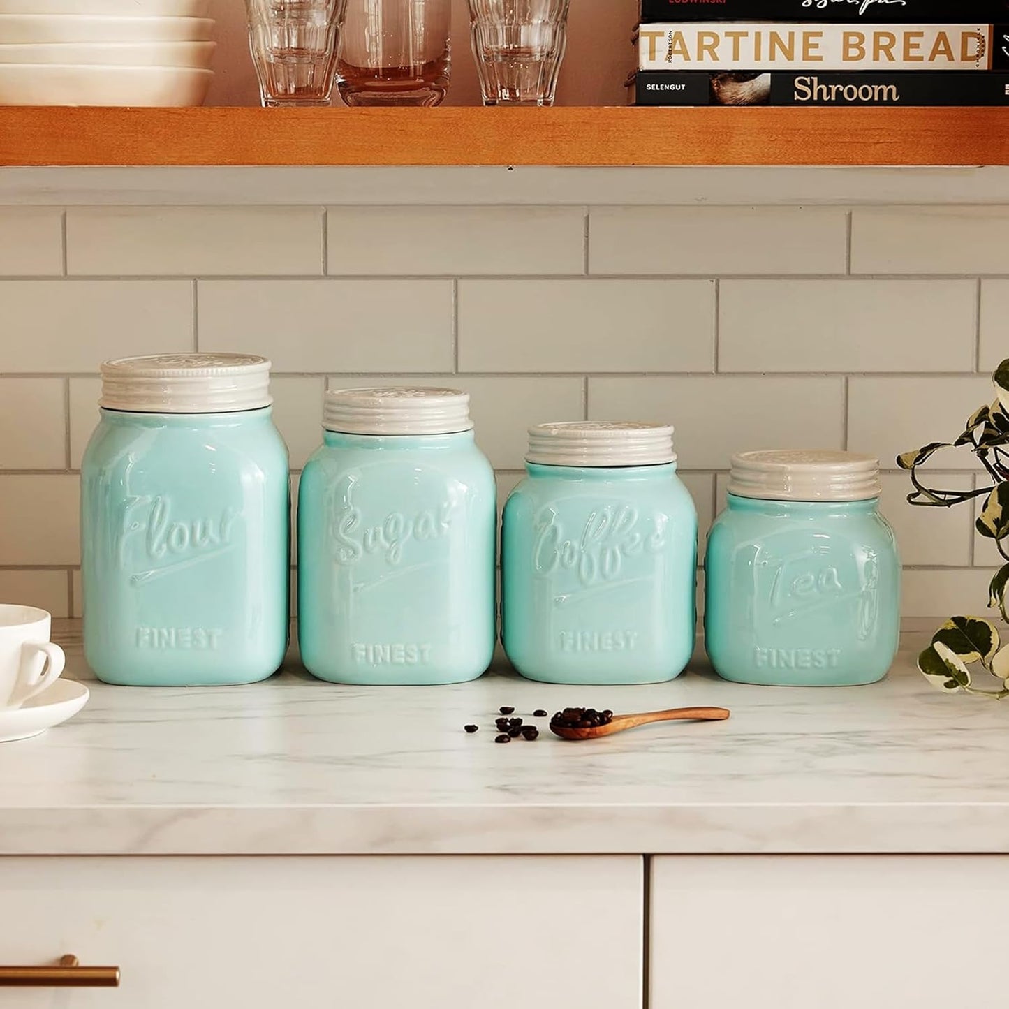 Young's 4 Piece Ceramic Canisters Sets for Kitchen, Country Style Ceramic Containers for Flour, Sugar, Tea and Coffee, Storage Containers with Lids 10.75"