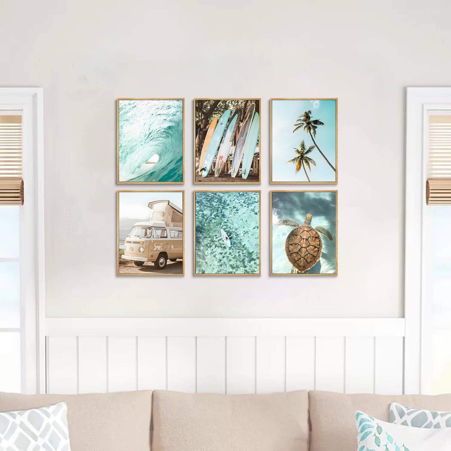 Laywhq Coastal Beach Wall Art Summer Ocean Surf Tropical Canvas Wall Decor Summer Nautical Palm Tree Turtle Surfboard Bus Room Paintings Prints Posters for Bedroom Living Room Set of 6 8x10in Unframed