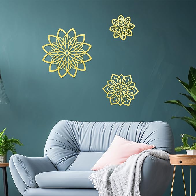 3 Pieces Metal Flowers Wall Decor, Black Wall Decoration Metal, Flower Art Wall Decor Farmhouse Wall Decorations Multiple Flowers Hanging Decor for Bathroom Living Room Home Kitchen Garden Office (Gold Elegant)