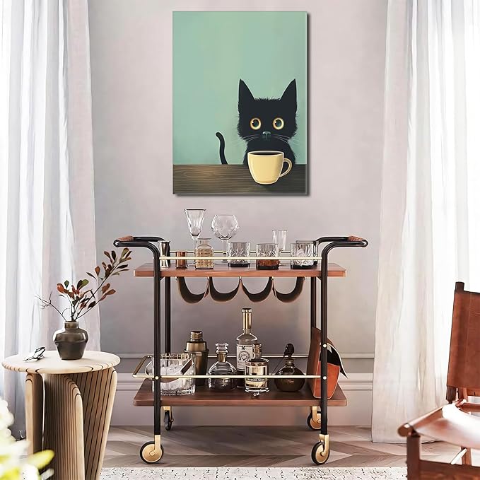 Yaneiro Framed Fun Black Cat Wall Art Abstract Drinking Coffee Picture Cute Retro Black Cat Wall Decor Canvas Poster Print Suitable for Cafe Bar Living Room Restaurant Bedroom 16x24 Inch