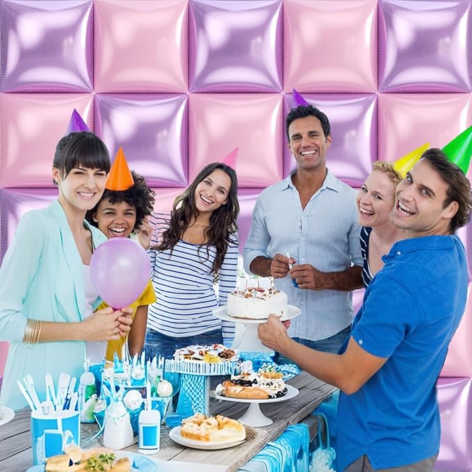 36pcs Pink and Purple Square Foil Balloons Wall Backdrop with 147pcs Balloon Garland Arch Kit, Double Sided Balloons for Princess Birthday Wedding Bridal Shower Baby Shower Party Decorations