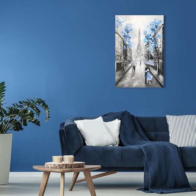 YPY Abstract Paris Canvas Wall Art: Black White Eiffel Tower Picture for Living Room Decor, Blue Grey Hand Painted Textured Oil Painting Large Modern Artwork Home Decoration 24 x 35