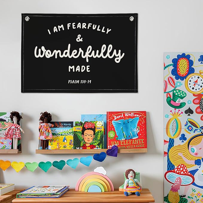 Kids Room Decor - Bible Verse Wall Hanging, 'I am Fearfully and Wonderfully Made' Linen Banner, Canvas Decoration for Classroom, Nursery - Black