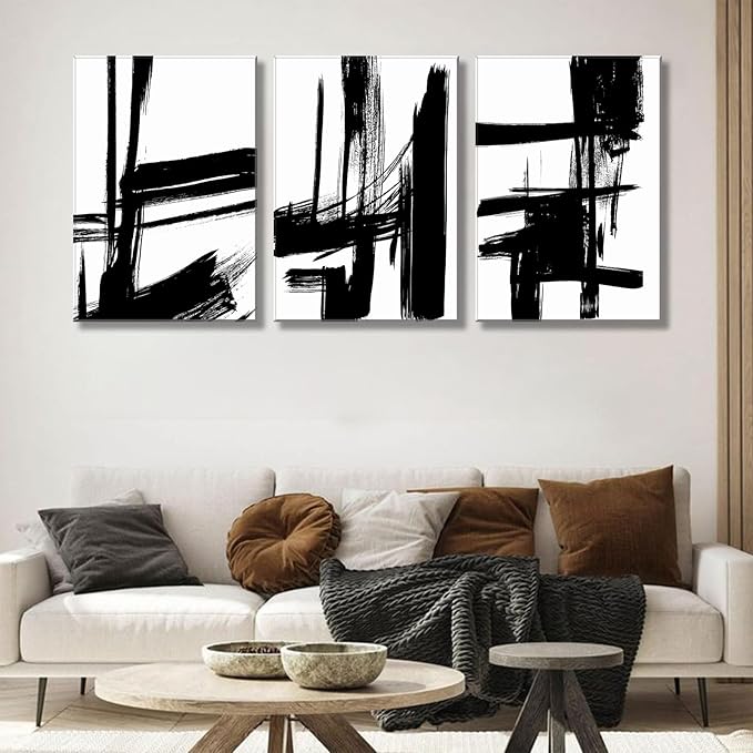 3Pcs Black and White Canvas Wall Art Modern Abstract Paintings Minimalist Line Posters Prints Wall Decor Black and white picture Artwork for Living room Bedroom Bathroom Office Home16x24in Frame