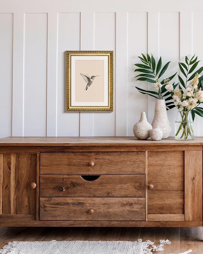VIYYIEA Gold Framed Elegant Hummingbird Sketch Canvas Wall Art, Vintage Nature Illustration, Minimalist Cream Background Decor | No-Glass Design, Lightweight Anti-Glare Construction | 11x14 Inch