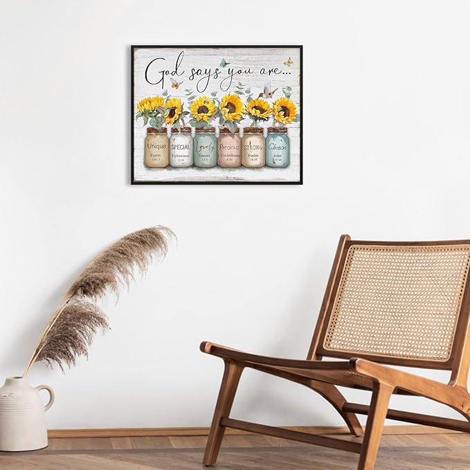 God Says You Are Wall Art: Christian Wall Art Framed Inspirational Quotes Bible Verse Wall Decor for Living Room Bedroom,Sunflower Pictures Religious Scripture Wall Art Prints Posters 12"x15"