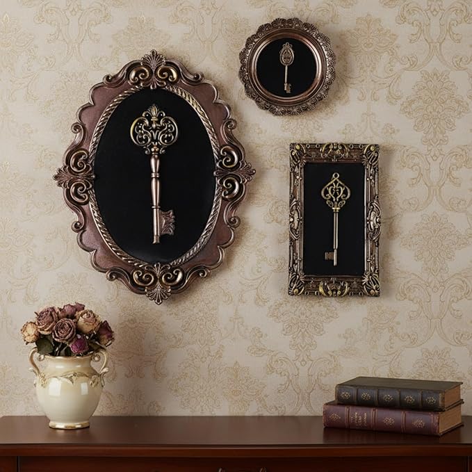 Kathfly 3 Pack Vintage Antique Key Wall Sculpture Gothic Framed Wall Art Hallway Gallery Victorian Decor Bronze Oval Rectangle Round Picture Frame Statue Skeleton Key Home Ornament Gift