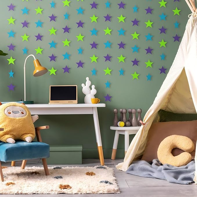 Patelai Glitter Star Garland Banner 2026 Graduation Decor 130 Feet Star Hanging Banner Twinkle Backdrop for Party Birthday Classroom Wedding Supplies(Purple, Blue, Green)