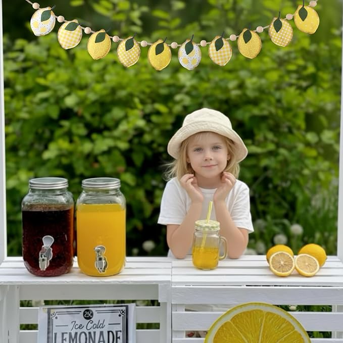 Lemon Felt Banner Garland Decor Vintage 3D Fruit Hanging Garland with Wooden Beads for Back to School Birthday Party Baby Shower DIY Home Wall Fireplace Decor