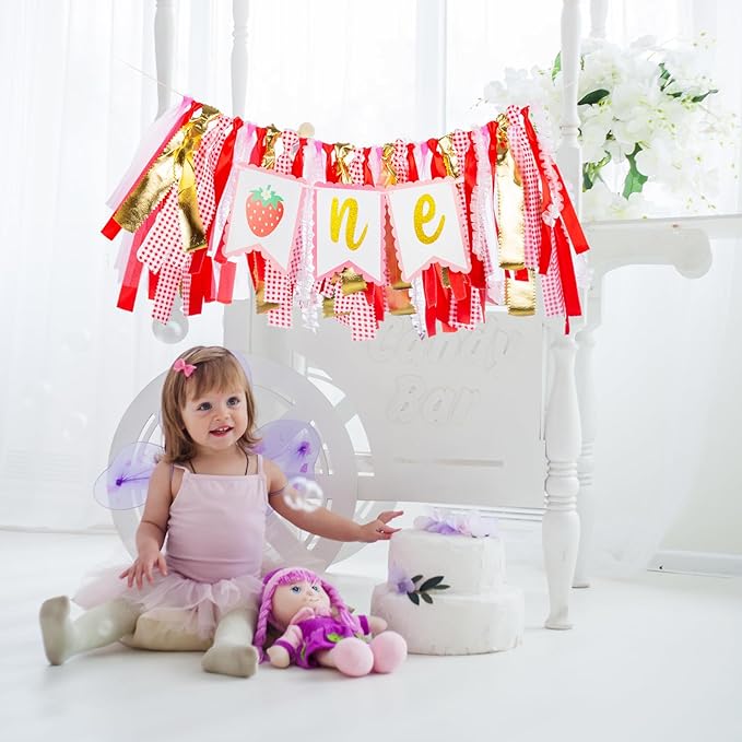Strawberry Highchair Banner-1st Birthday Decoration,Sweet One Birthday Party Supplies for Girl Shower, Pink and Red Best Fairy Strawberry 1st Photo Props