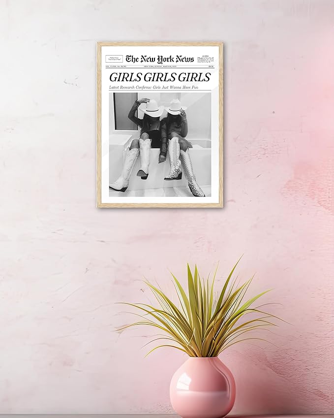 iHery Girls Just Wanna Have Fun Framed Trendy Cowgirl NewsPaper Wall Art, Small 8x10in Natural OAK Wood Black and White Canvas Wall Decor For Bedroom Dorm Living Room,Vintage Bar Car Home 1Pack
