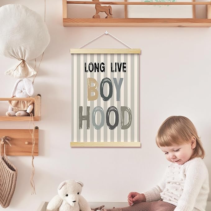 Long Live Boyhood Posters Hanger Frame for Boys Room Stripes Hanging Poster for Bedroom Kids Room Classroom Decor Wall Art Decor for Nursery Playroom Canvas Wall Art Print 16x12 Inches - YY065