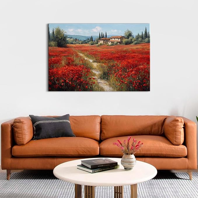 Farmhouse Flower Landscape Wall Art Red Poppy Flower Pictures for Bathroom Decor Vintage Floral Field Paintings Country Scenery Canvas Prints Artwork for Living Room Bedroom Home Decoration 32x48"