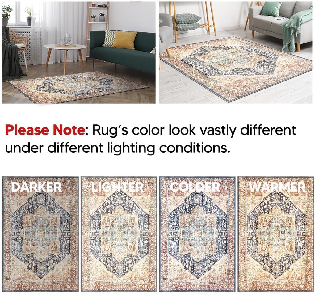 Keen Home Design 8x10 Rug - Machine Washable Area Rug with Non-Slip Backing, Ideal for Living Room, Dining Room, Bedroom - Vintage, Easy Clean, Durable, Low Pile Rug - (8' x 10')