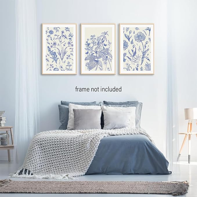 LYPHNX Blue White Chinoiserie Floral Poster Wall Art Navy Watercolor Flower Canva Painting Set of 3 Minimalist Botanical Wildflower Prints Picture Home Decor for Bedroom Living room 12"x16" UnFramed