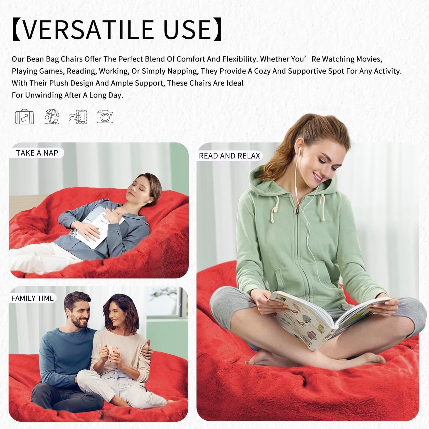 Bean Bag Chair for Adults 5FT,Soft Removable Cover for Teens/Girls Bedroom,Fluffy Giant Round Floor Beanbag Lounger Chairs (No Filler,Big Red)