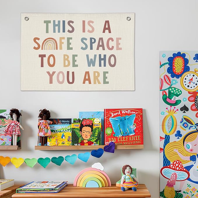 Boho Classroom Decor, This Is A Safe Space Wall Hanging Banner, Therapy Office Wall Linen Wall Hanging Banner Flag Decor for Counseling Office Calming Corner