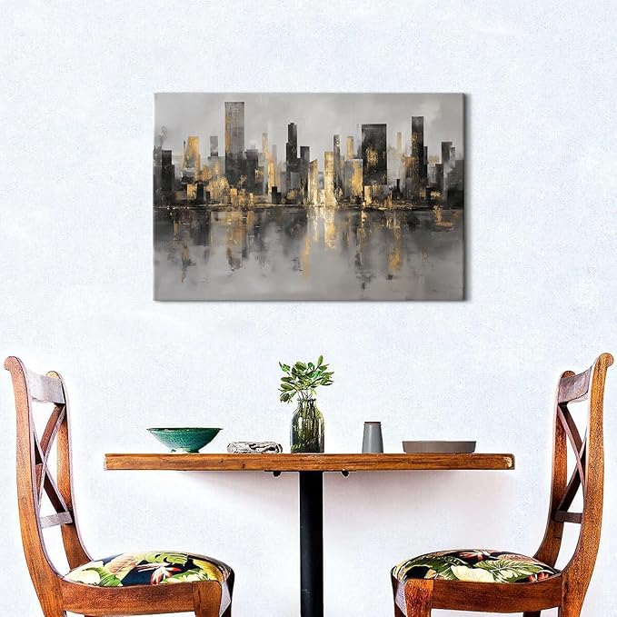 New York City Canvas Wall Art Abstract City Pictures Wall Decor for Living Room Black and Gold NYC Cityscape Prints Paintings Skyline Landscape Artwork for Bedroom Office Home Decorations 16x24"