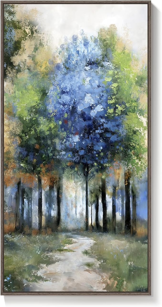 Framed Vertical Colorful Forest Living Room Wall Art, Large Tree & Path Picture Artwork for Walls, Farmhouse Landscape Vertical Canvas Print for Office Kitchen Foyer Stair Hallway Wall Decor, 20x40 In