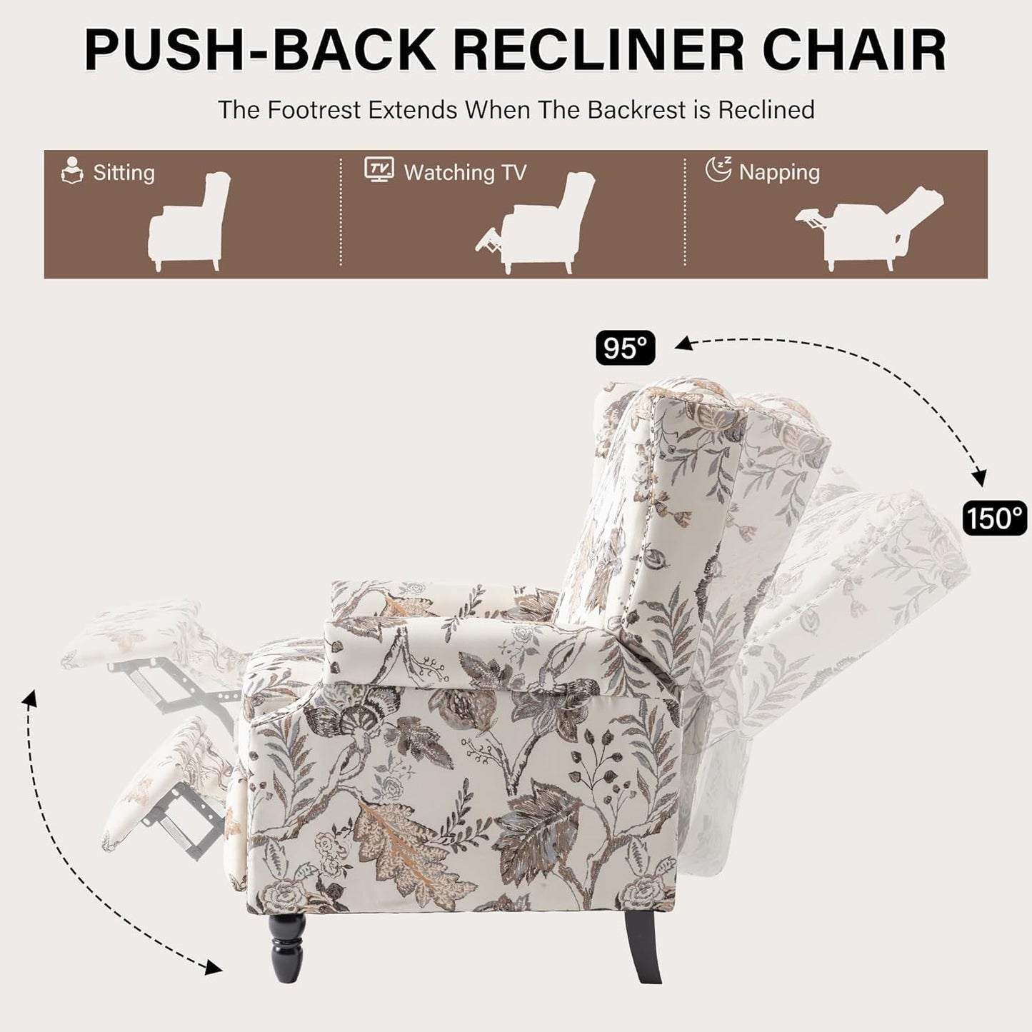 UIXE Pushback Recliner Chair, Fabric Upholstered Armchair Push Back Accent Chair for Living Room, Rivet Trim Home Theater Single Sofa Bedroom Reading Seat with Footrest - Beige Plants