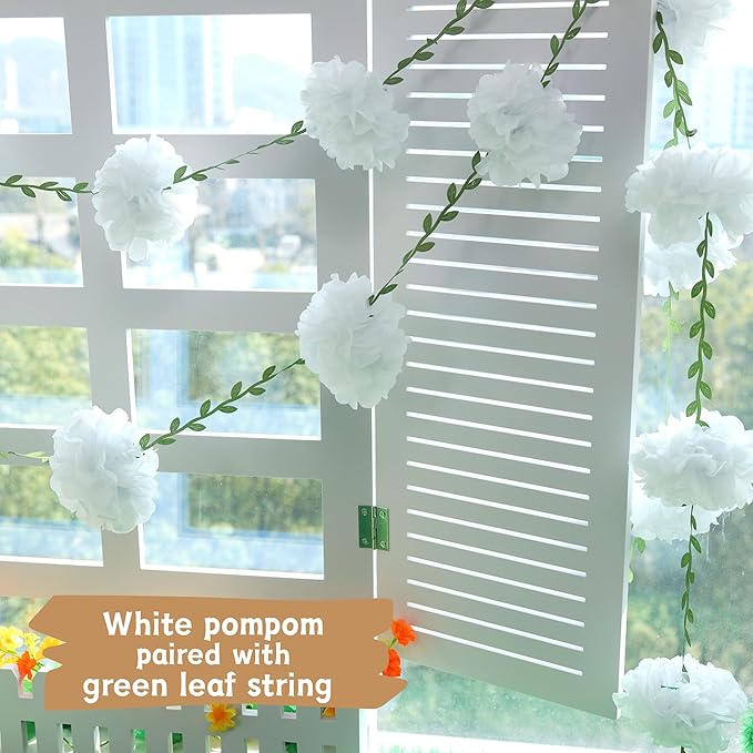 White Flower Garland for Bridal Shower Decorations, 2 Pcs Baby Shower Decorations for Girls, Pom Pom Garland, Paper Flowers Party Decorations for Birthday