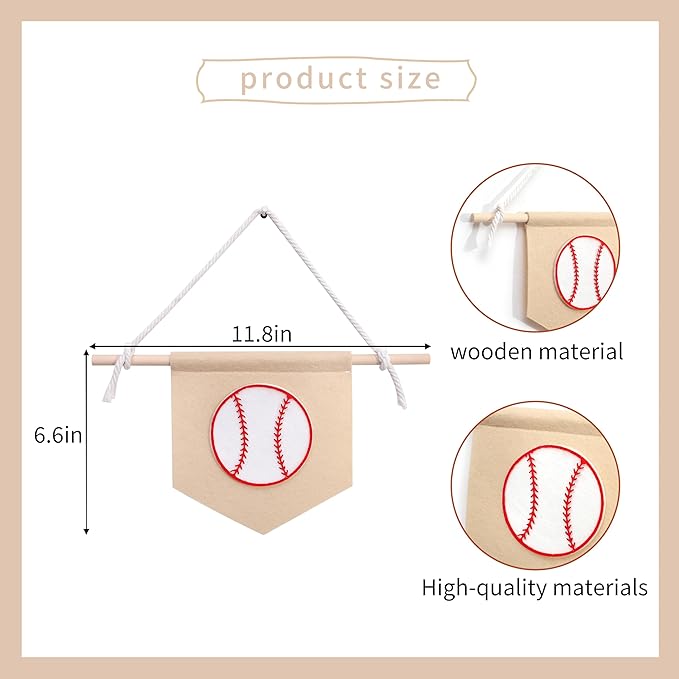 Sports Pennant Wall Hanging, Felt Basketball Football Soccer Wall Art, 11.8x6.6 Inches, Wooden Stick, Kids Room Decor (Football Wall Art) (Baseball Banner)
