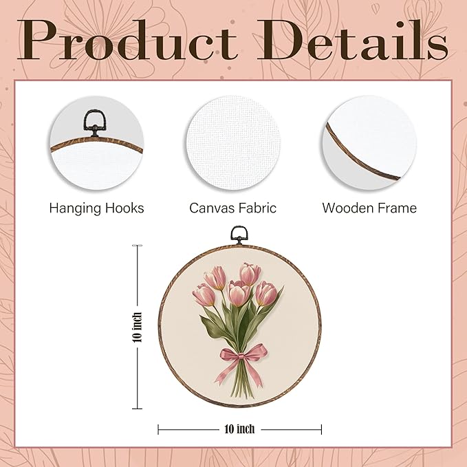 Pink Coquette Bow Tulip Bouquet Floral Round Wall Art Framed, Pink Floral Round Wall Decor, Vintage Flower Hanging Canvas Prints Wall Sculptures for Home Bedroom Living Room Decor, 10x10 Inch