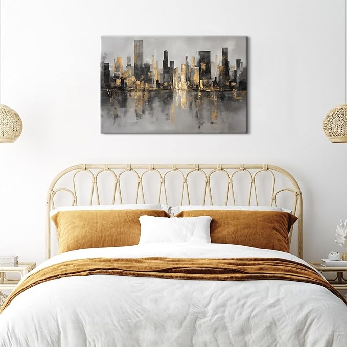 NYC Skyline Wall Art Abstract Cityscape Wall Pictures Black and Gold Landscape Canvas Prints Paintings Modern New York Aesthetic Framed Artwork for Bedroom Living Room Bathroom Home Decorations 24x36