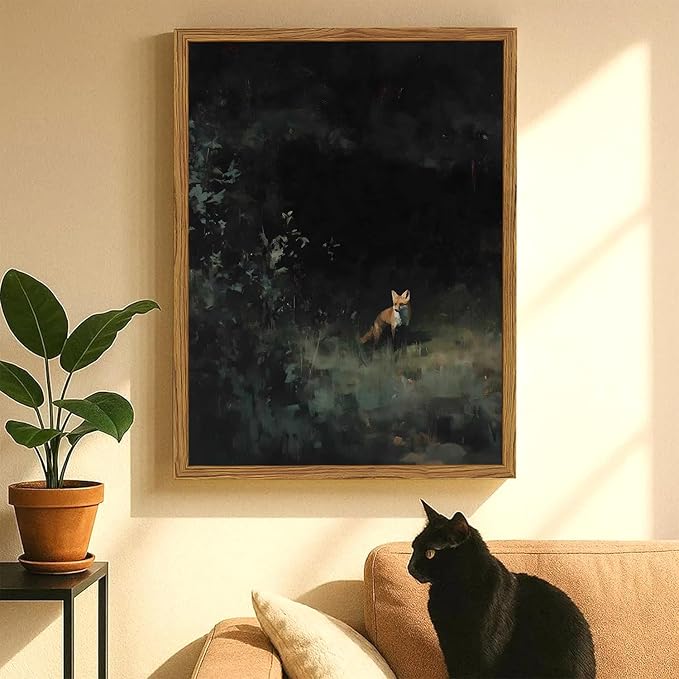 Framed Vintage Wall Art, Cottagecore Fox Wall Decor Paintings, Rustic Forest Animal Landscape Pictures Canvas Prints Country Farmhouse Home Decor for Living Room Bedroom 12x16 inch