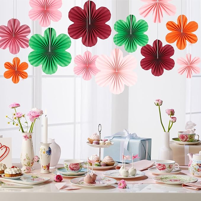 BestoFun 12 PCS Paper Flowers Fans Red Green and Pink Party Decorations Paper Flowers Decorations for Wall Girl Groovy Birthday Baby Shower Wedding Bachelorette Room Hanging Décor