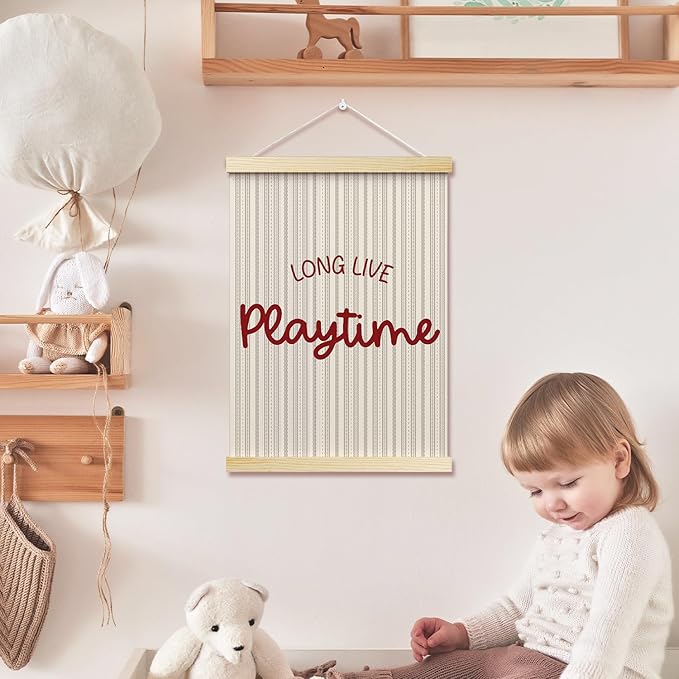 Long Live Playtime Posters Hanger Frame for Boys Room Red Hanging Poster for Bedroom Kids Room Classroom Decor Stripes Wall Art Decor for Nursery Playroom Canvas Wall Art Print 16x12 Inches - YY047