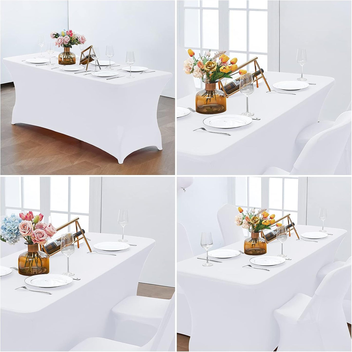 CWK 6FT Waterproof Stretch Spandex Table Cover for Rectangular Tables - Elastic Fitted Tablecloth for Folding Tables,Wrinkle Resistant Table Cloth for Parties, Weddings, Banquets & Events (White)