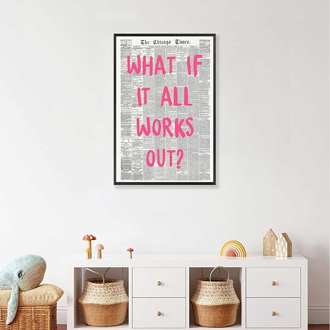What If It All Works Out Poster Retro Newspaper Pink Font Canvas Wall Art Positive Affirming Quote Minimalist Prints Painting For Home Bedroom Dorm Wall Decor 8x12in Framed