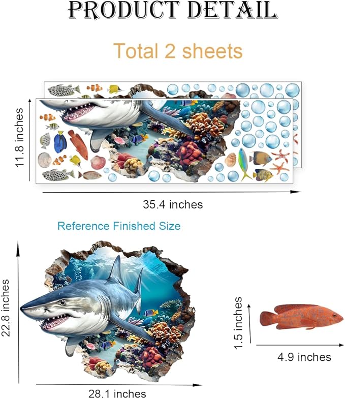 3D Large Shark Wall Decals(28.1”x22.8”), Watercolor Sea World Vinyl Wall Stickers, Removable Cartoon Under The Sea Animal Artwork for Baby Bedroom Playroom Bathroom Decor