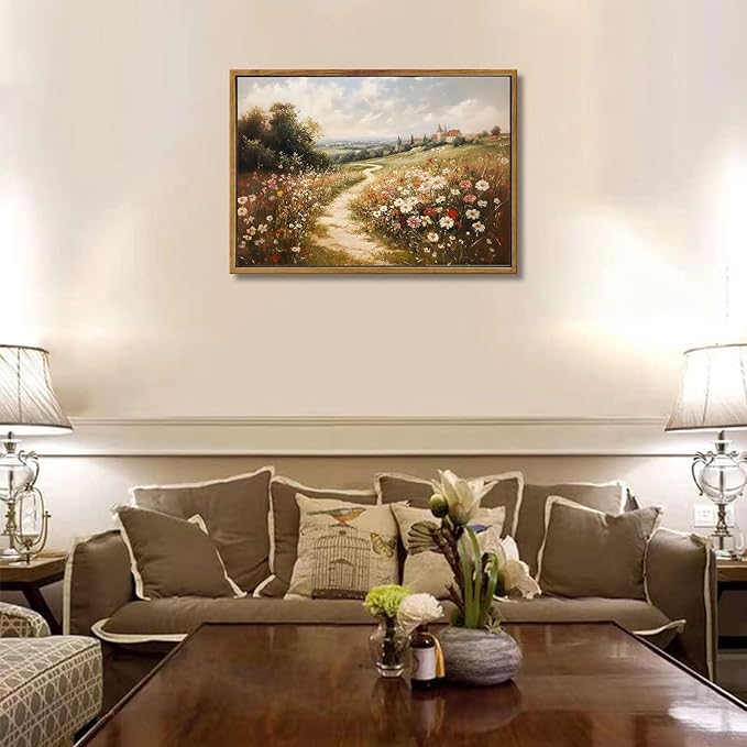 Framed Vintage Wildflower Landscape Canvas Wall Art Rustic Nature Flower painting Decor Pictures Farmhouse Nature Floral Posters Prints for Corridor Living Classroom Bedroom Decoration