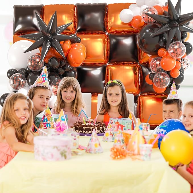 25pcs Black and Orange Foil Square Balloon Backdrop Wall &149pcs Black Orange White Balloons Arch, Double Sided Balloon Tunnel for Graduation, Birthday, Halloween Party Decor