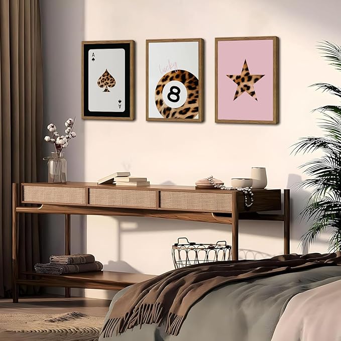 Pink and Black Leopard Wall Art, Lucky Girl 8 Ball Wall Decor Set of 3 Cheetah Lucky Star Poster Canvas Prints, Coquette Modern Teen Pictures for Bedroom Living Room 16x24 inch Framed