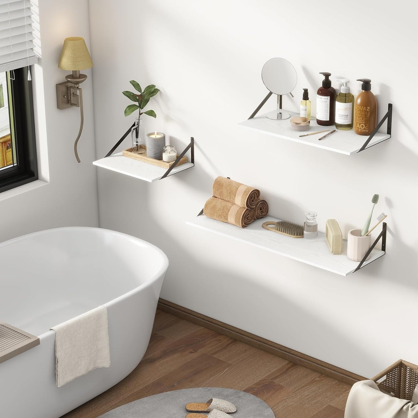 Deep Floating Shelves, 12 Inch Deep Floating Shelves for Wall, 24"W x 12"D Wall Shelves for Books, Rustic White Wooden Shelves, Large Wide Display Shelf for Bathroom, Living Room, Bedroom, Set of 2